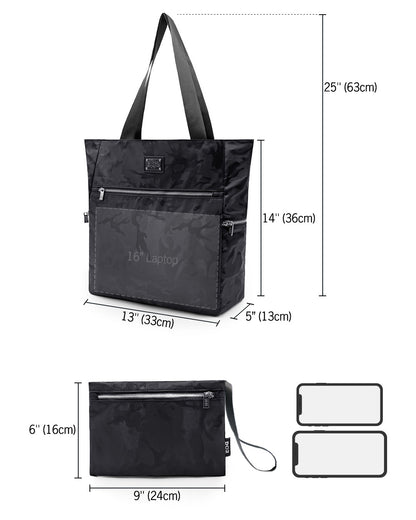 Sizing infographic for the BLACK CAMO Poolside Tote Bag by DC2 Miami. The main tote bag measures 25 inches (63 cm) in height including straps, 14 inches (36 cm) in height without straps, and 5 inches (13 cm) in depth, accommodating a 16-inch laptop. The detachable pouch measures 9 inches (24 cm) in width and 6 inches (16 cm) in height.