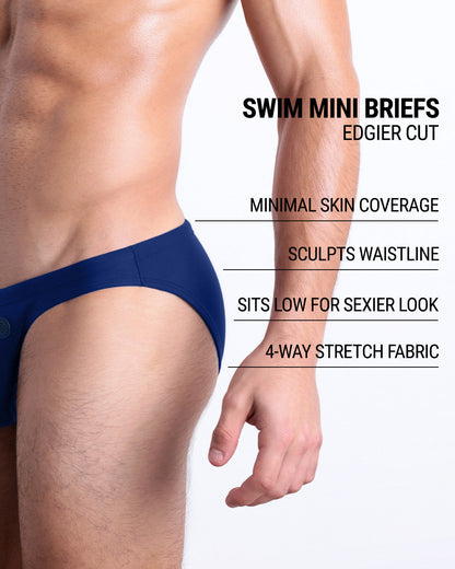 Infographic explaining the edgier cut of the Swim Mini Briefs. Features sculpt waitline, 4-way stretch fabric, sits low for sexier look, and has quick-dry material.