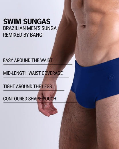 Infographic explaining the Brazilian Men's Swim Sunga remixed by BANG! These Swim Sunga are easy around the waist, are mid-length waist coverage, are tight aroung the legs, and have contoured-shape pouch.