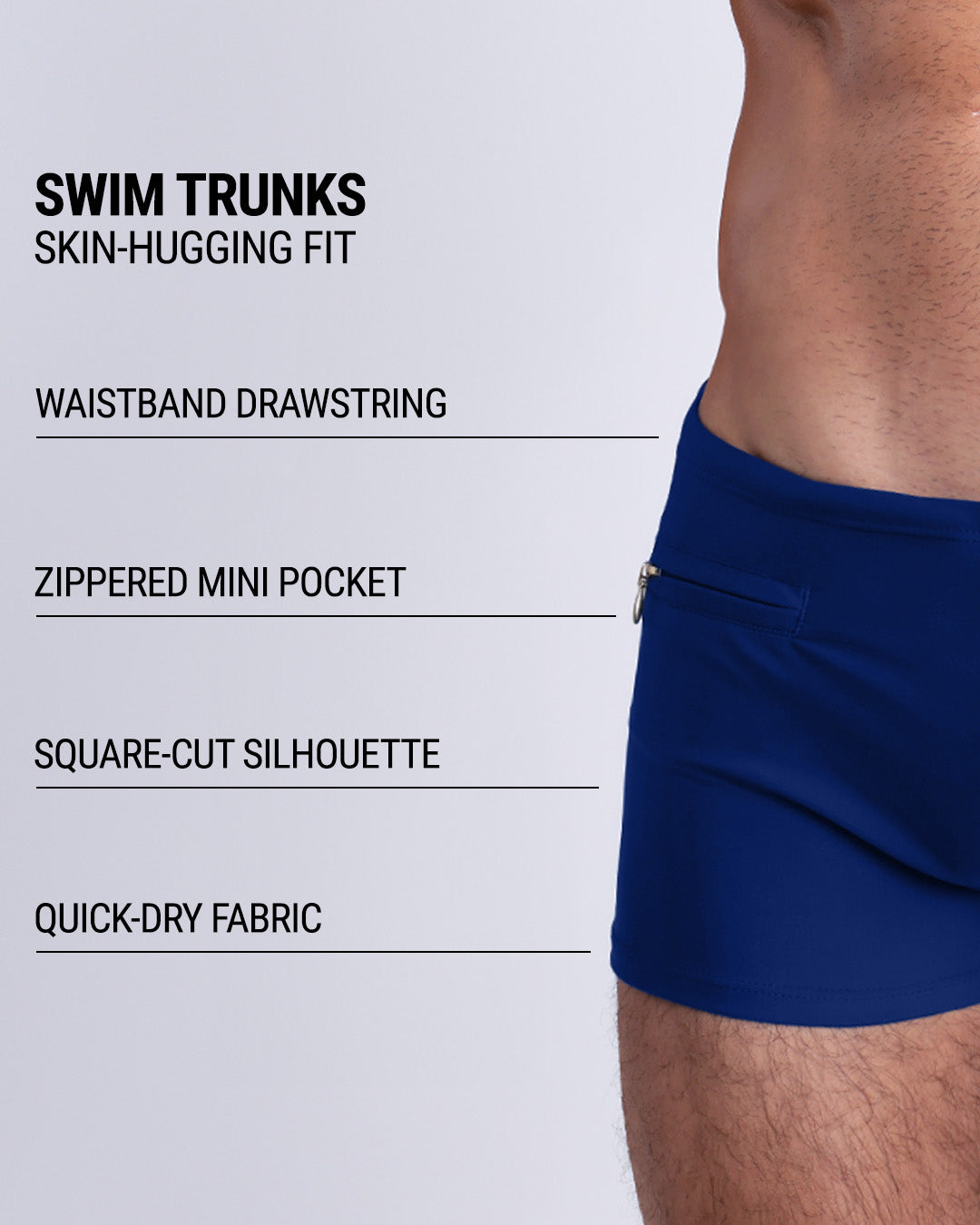 Infographic explaining the Swim Trunks swimming shorts by DC2. These Swim Trunks have a skin-hugging fit, have a waistband drawstring, zippered mini pocket, square-cut silhouette and quick-dry fabric.