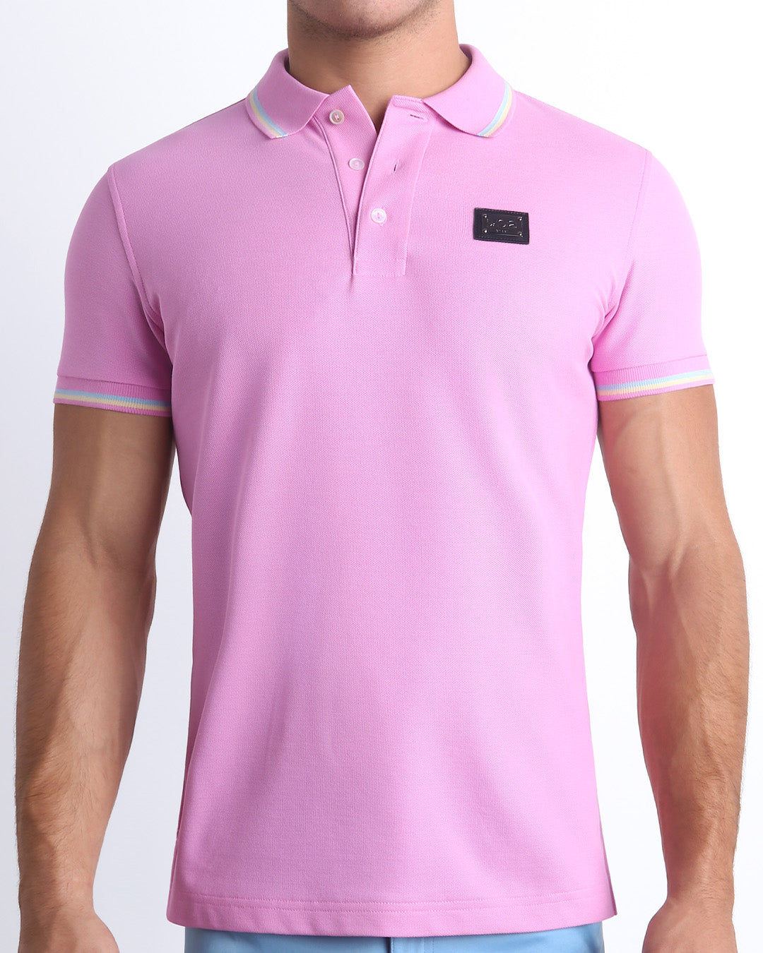 Front view of the BONBON PINK Polo Shirt. It features a slim fit and short sleeves for a modern twist. Made from Peru's premium Pima Cotton, it's stylish and comfortable by DC2 a BANG! Miami Clothes capsule brand.