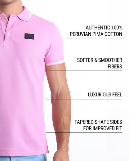 Infographic explaining that DC2 Polo Shirts are crafted from authentic 100% Peruvian Pima Cotton, featuring softer and smoother fibers, a luxurious feel, and tapered sides for an improved fit.