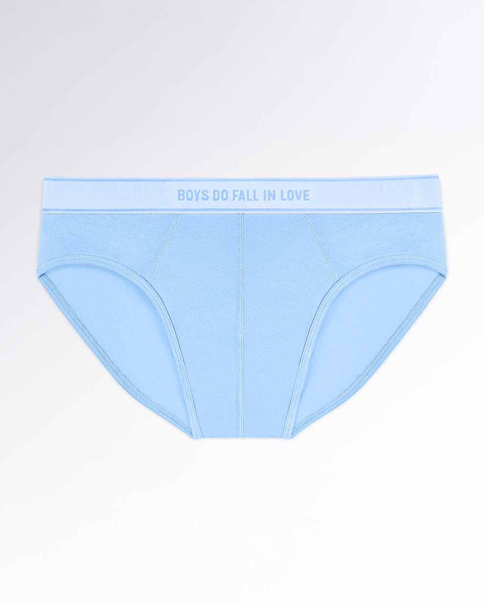 BOYS DO FALL IN LOVE Modal Briefs — flatlay of light blue men’s modal briefs with soft contour stitching and a matching elastic waistband featuring tonal text.