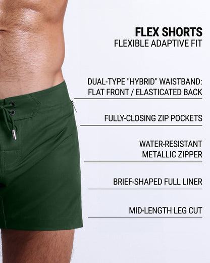 DC2’s Flex Shorts feature a dual-type “hybrid” waistband, fully-closing zip pockets, water-resistant metallic zipper, full liner, and mid-length leg cut for an adaptive, flexible fit.