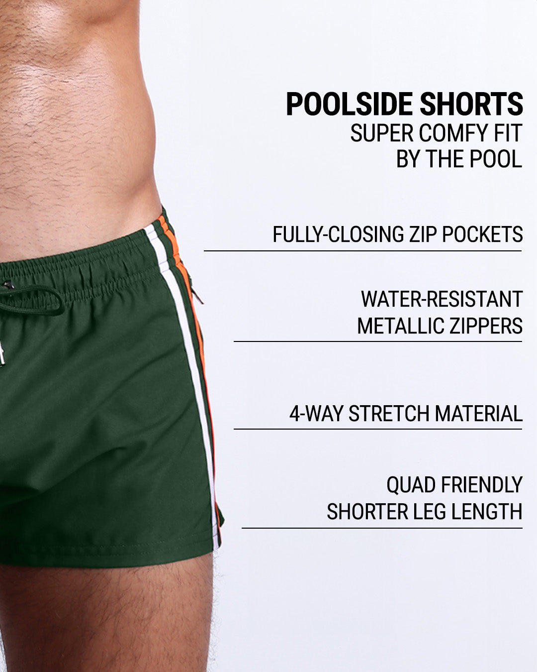 DC2's Poolside Shorts are designed to be incredibly comfortable while lounging by the pool. They come equipped with fully-closing zip pockets and water-resistant metal zippers. Additionally, their 4-way stretch material ensures a perfect fit, while their shorter leg length design makes them quad-friendly