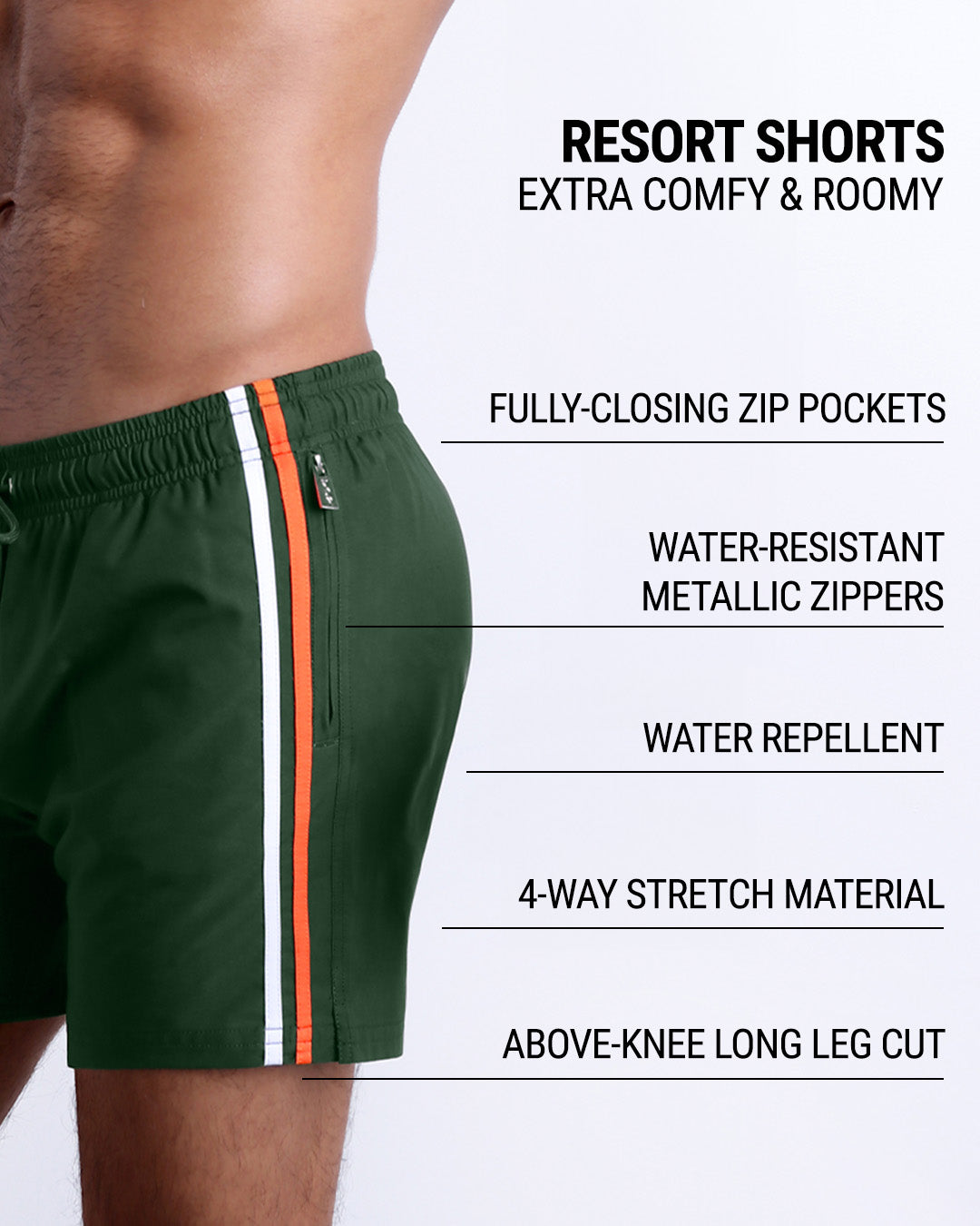 DC2’s Resort Shorts are designed to be comfortable and roomy, with fully-closing zip pockets and water-resistant metal zippers. They have 4-way stretch, water-repellent material, and are cut above the knee.