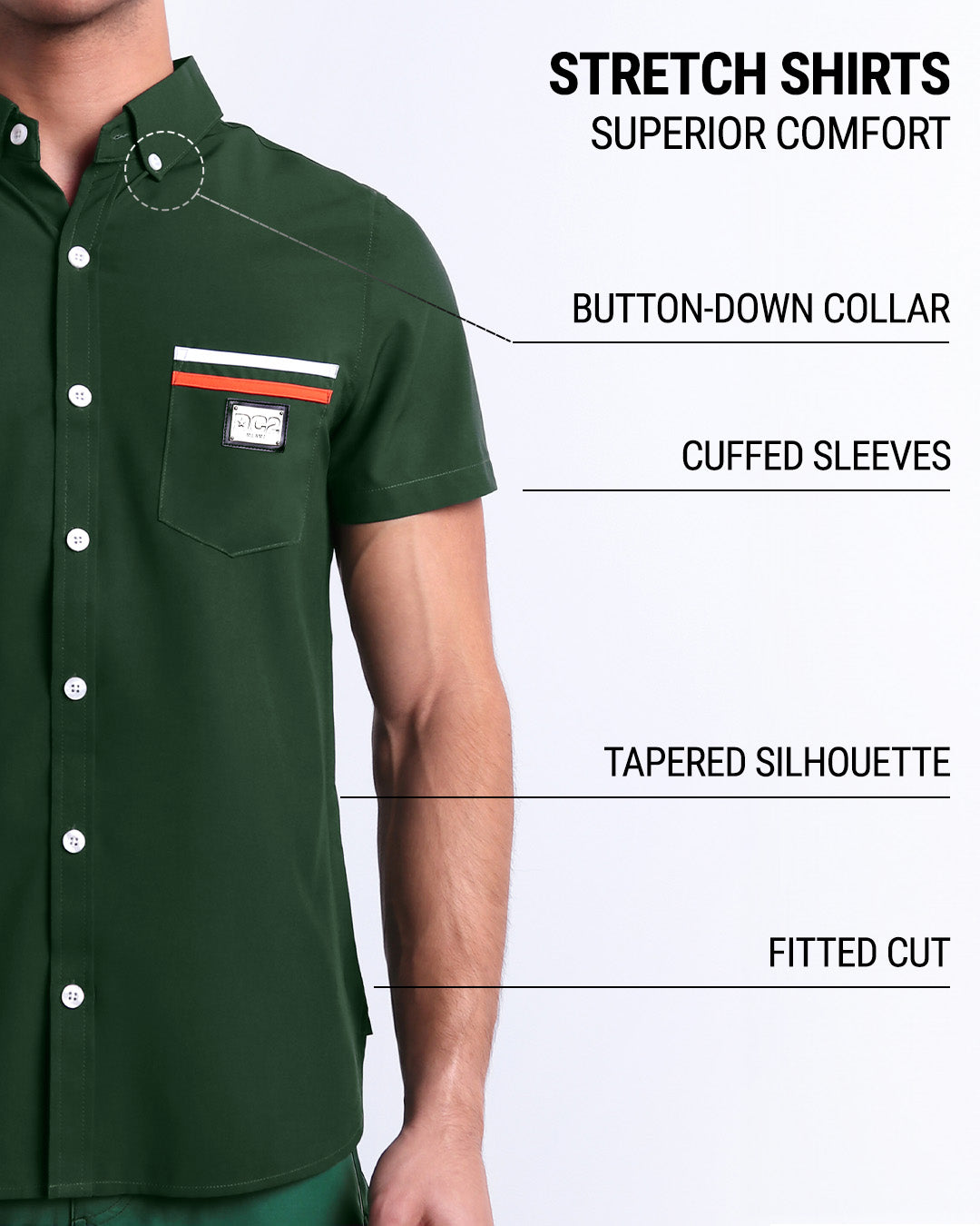 Infographic displaying the contemporary fit of DC2 men's sleeveless Hawaiian Stretch Shirt. This button up shirt features a button-down collar, cuffed sleeves, tapered silhouette, and a fitted cut. 