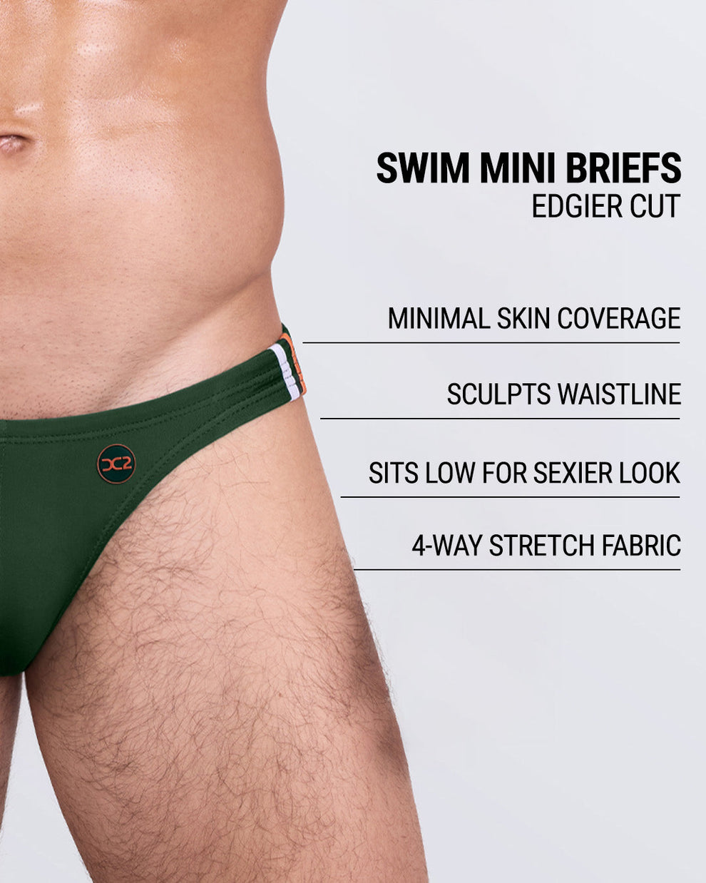 Close-up view of the BRAVE GREEN men’s drawstring briefs showing black cord with custom branded metallic silver cord ends, and custom DC2 logo.