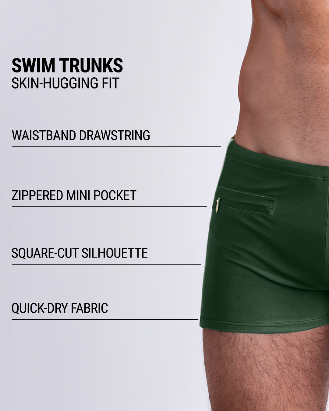 Infographic explaining the Swim Trunks swimming shorts by DC2. These Swim Trunks have a skin-hugging fit, have separate waistband construction, zippered mini pocket, square-cut form-fitting silhouette and quick-dry fabric.