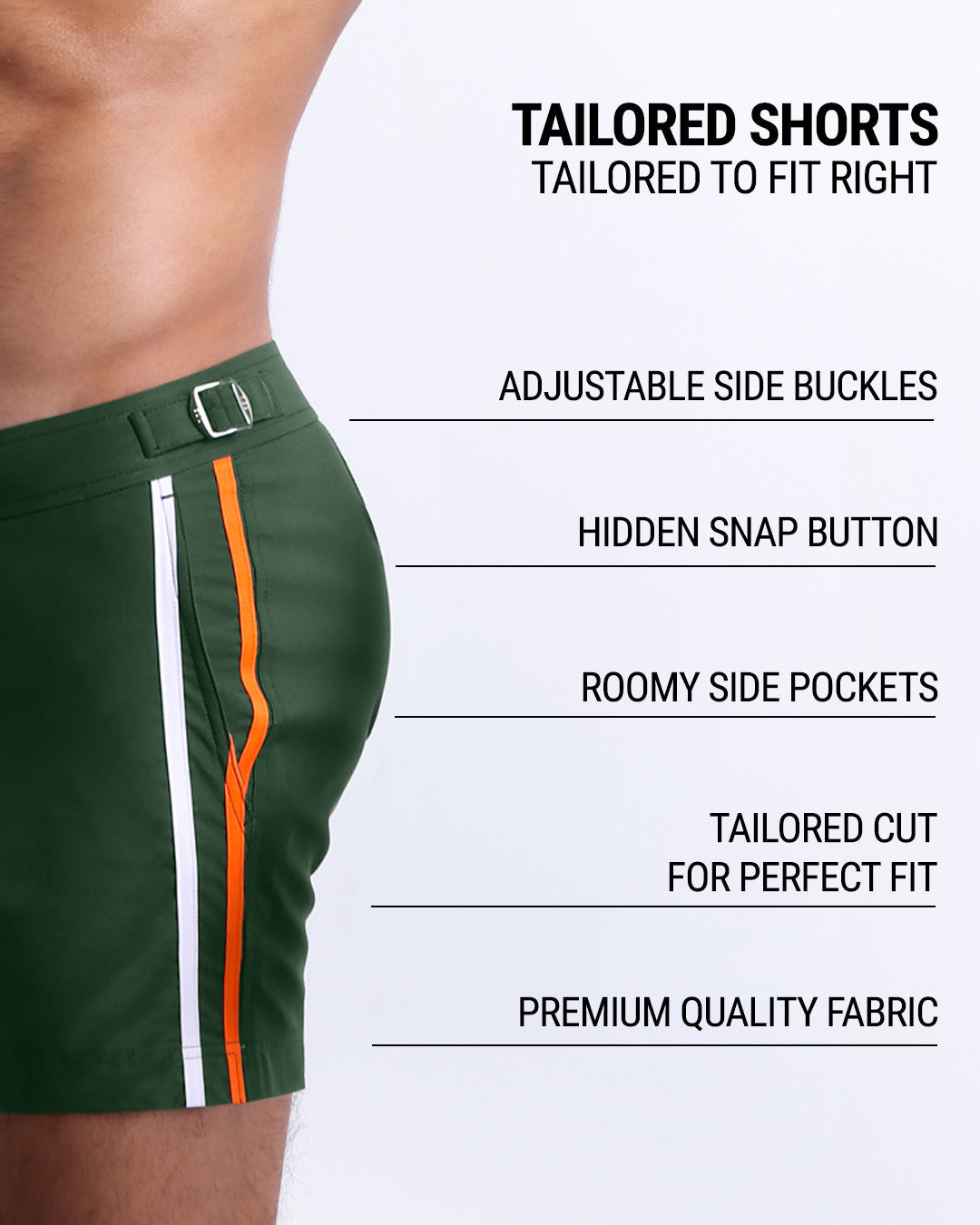 DC2’s Tailored Shorts are designed to fit every body form. They are equipped with adjustable side buckles, a hidden snap button, roomy side pockets, and made of premium quality fabric.