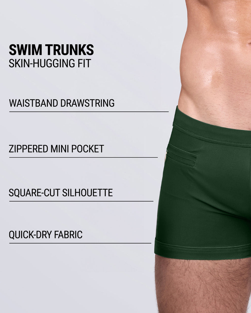 Product details graphic of BRAVE GREEN Swim Trunks — showcasing waistband drawstring, zippered pocket, and quick-dry fabric.