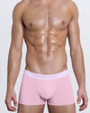 DC2 BRINGING SEXY BACK Boxer Briefs — model wearing soft pink modal boxer briefs with white elastic waistband and slogan detailing.