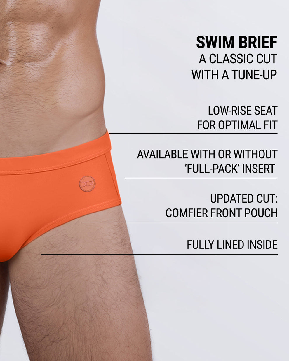 Product details graphic of BRONZE FACTOR swim briefs — showcasing low-rise fit, optional ‘Full-Pack’ insert, and comfort pouch.