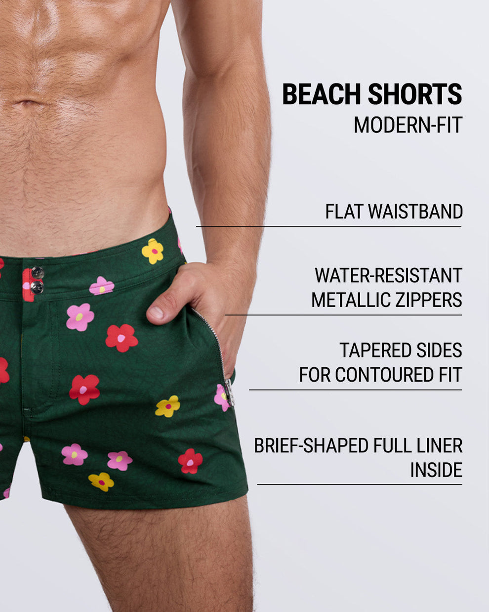 Detailed close-up of the BUY MYSELF FLOWERS beach shorts by DC2 Miami, highlighting key features: modern-fit design, flat waistband, water-resistant metallic zippers, tapered sides for a contoured fit, and a brief-shaped full liner inside for added support and comfort.