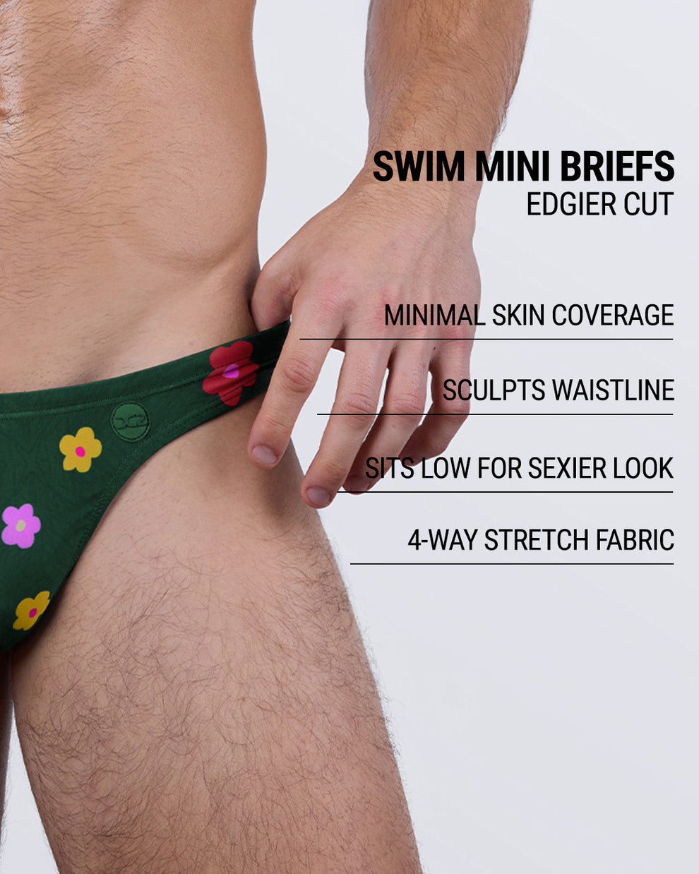BUY MYSELF FLOWERS Swim Mini Briefs – side view with graphic overlay showing low-rise cut, minimal coverage, 4-way stretch, and flattering waistline for men.