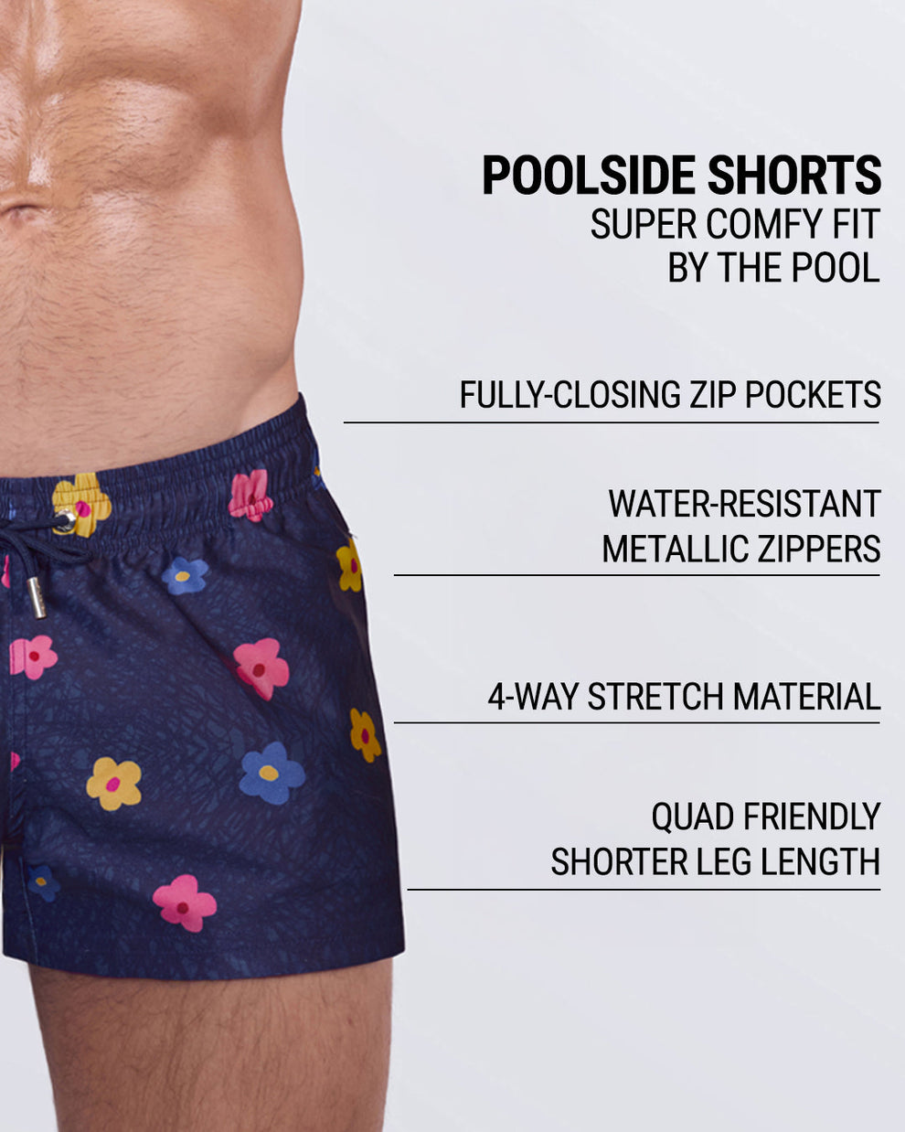 Product features graphic of DC2 Poolside Shorts — water-resistant, zip pockets, quad fit, 4-way stretch.