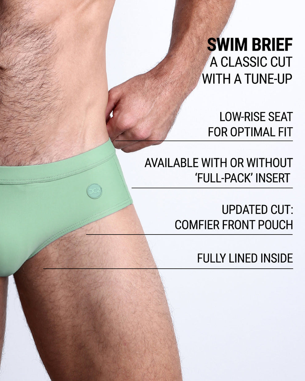 Product details graphic of CABANA GREEN swim briefs — showcasing low-rise fit, 'Full-Pack' insert option, and fully lined comfort.