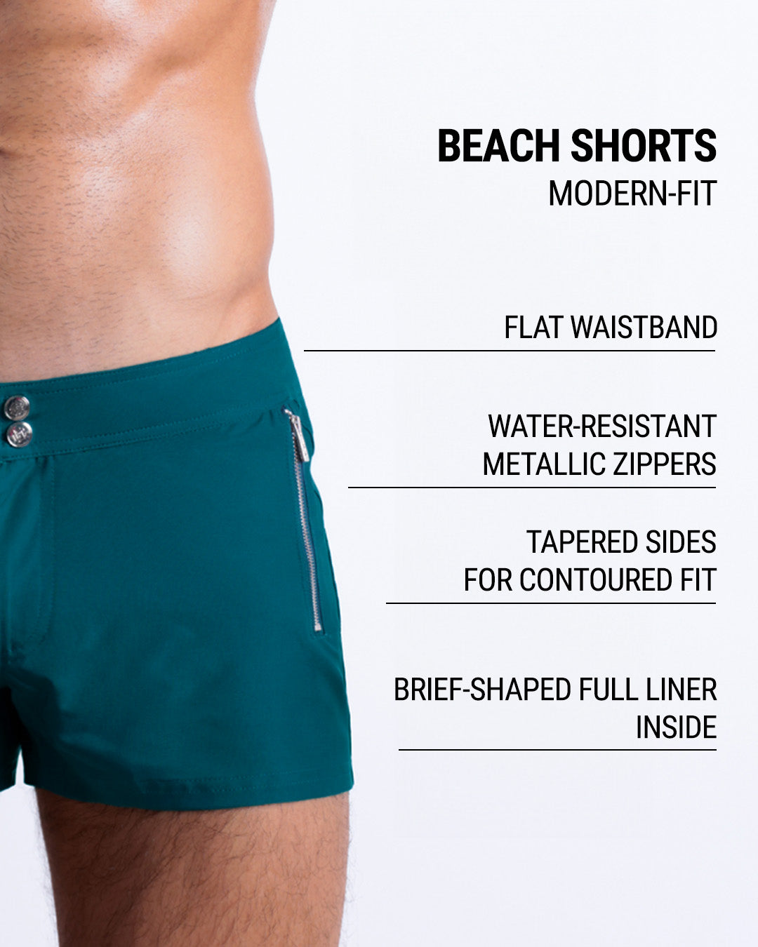 Infographic displaying the contemporary fit of DC2 Beach Shorts. These shorts feature a flat waistband, water-resistant metallic zippers, tapered sides for contoured fit, and a brief-shaped full liner inside. 