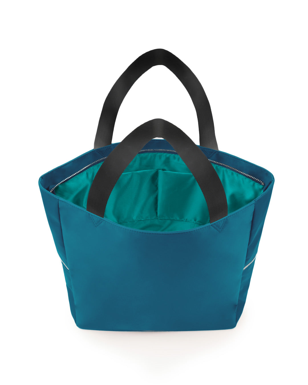 Back view of the CHIC TEAL Poolside Tote Bag by DC2 Miami, highlighting the subtle solid teal color across the entire exterior. The bag features wide, sturdy black handles and a spacious interior, perfect for carrying essentials for beach trips or everyday use.