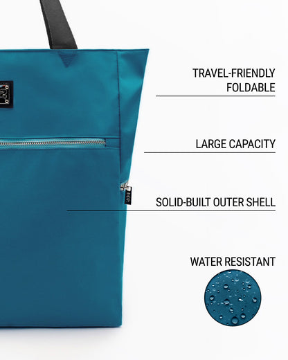 Infographic highlighting the key features of the CHIC TEAL Poolside Tote Bag by DC2 Miami. The image showcases the bag's solid teal color and points out its travel-friendly foldable nature, large capacity, solid-built outer shell, and water-resistant material. A close-up of water droplets on the fabric illustrates the water resistance of the bag.