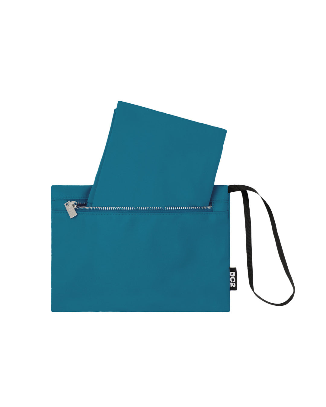 Close-up view of the detachable pouch from the CHIC TEAL Poolside Tote Bag by DC2 Miami. The pouch features a stylish solid light teal color, a secure zippered closure, and a convenient wrist strap for easy carrying. Designed for versatility, this pouch is perfect for storing small essentials.