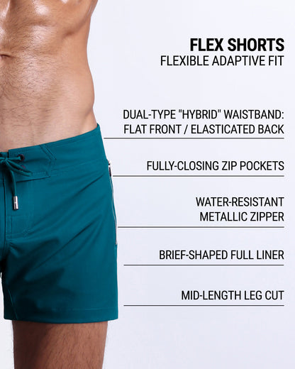 DC2’s Flex Shorts feature a dual-type “hybrid” waistband, fully-closing zip pockets, water-resistant metallic zipper, full liner, and mid-length leg cut for an adaptive, flexible fit.