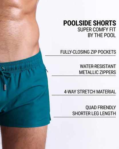 DC2's Poolside Shorts are designed to be incredibly comfortable while lounging by the pool. They come equipped with fully-closing zip pockets and water-resistant metal zippers. Additionally, their 4-way stretch material ensures a perfect fit, while their shorter leg length design makes them quad-friendly