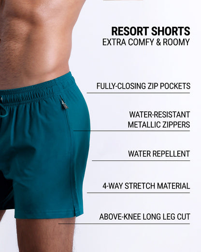 DC2’s Resort Shorts are designed to be comfortable and roomy, with fully-closing zip pockets and water-resistant metal zippers. They have 4-way stretch, water-repellent material, and are cut above the knee.