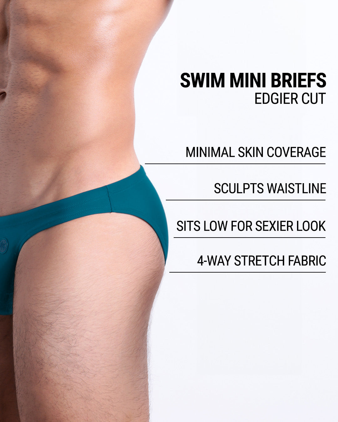 Infographic explaining the edgier cut of the Swim Mini Briefs. Features sculpt waitline, 4-way stretch fabric, sits low for sexier look, and has quick-dry material.