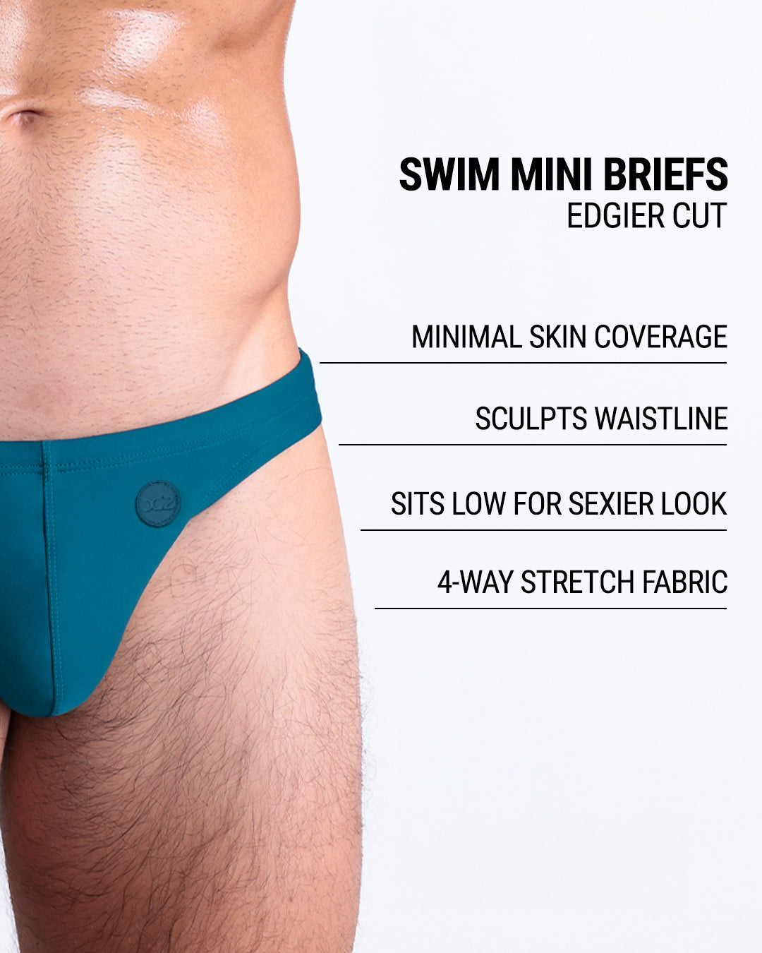 Infographic explaining the edgier cut of the Swim Mini Briefs. Features sculpt waistline, 4-way stretch fabric, sits low for sexier look, and has quick-dry material.