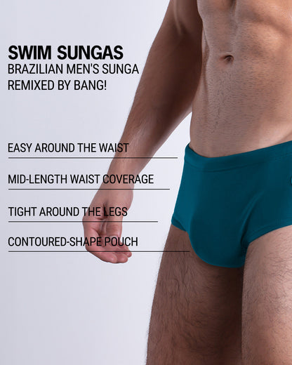 Infographic explaining the Brazilian Men's Swim Sunga remixed by BANG! These Swim Sunga are easy around the waist, are mid-length waist coverage, are tight aroung the legs, and have contoured-shape pouch.