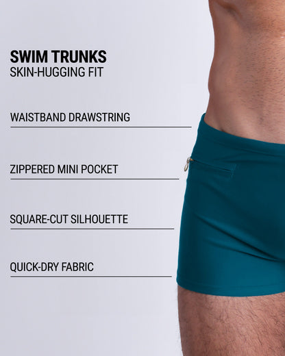 Infographic explaining the Swim Trunks swimming shorts by DC2. These Swim Trunks have a skin-hugging fit, have a waistband drawstring, zippered mini pocket, square-cut silhouette and quick-dry fabric.