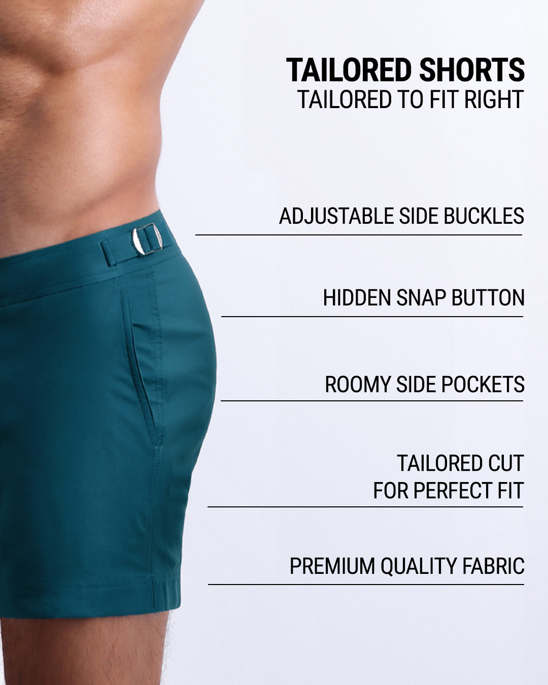 DC2’s Tailored Shorts are designed to fit every body form. They are equipped with adjustable side buckles, a hidden snap button, roomy side pockets, and made of premium quality fabric.