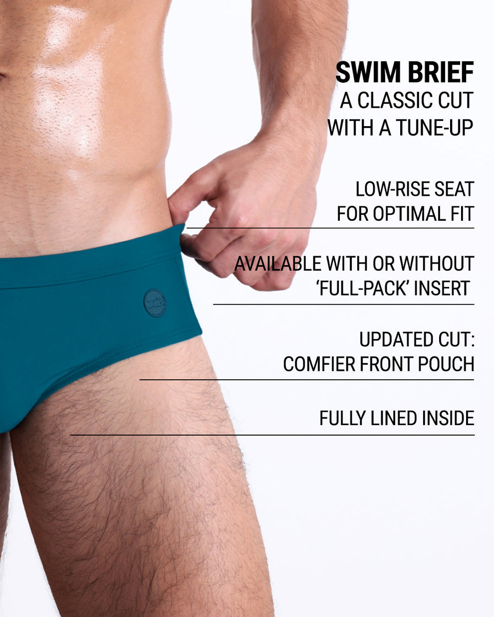 Product details graphic of CHIC TEAL swim briefs — showcasing low-rise fit, ‘Full-Pack’ insert option, and enhanced pouch comfort.