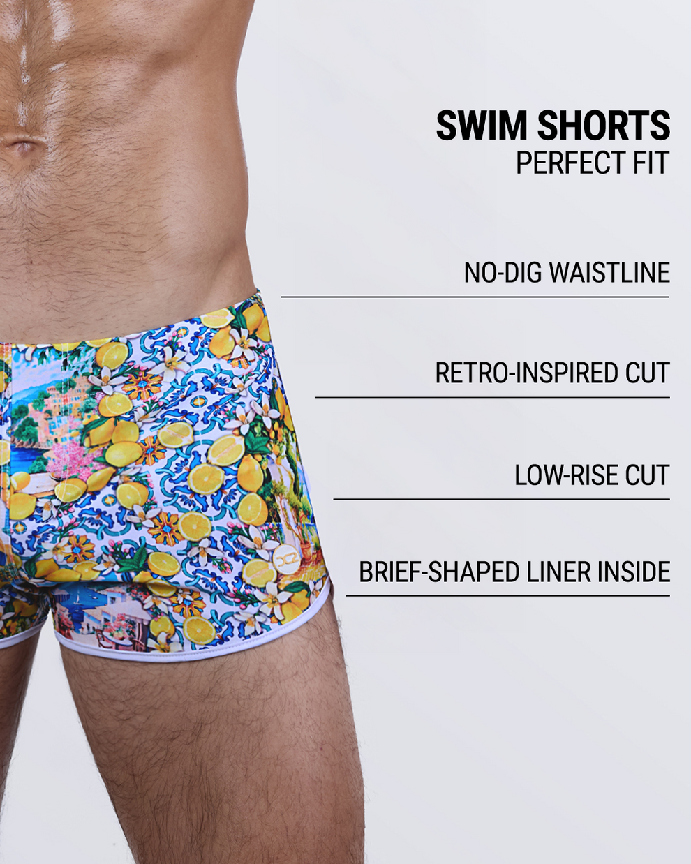 Breakdown of the CITRICS CHOICE Swim Shorts – featuring a no-dig waistband, retro-inspired low-rise cut, and built-in brief liner for support and comfort.