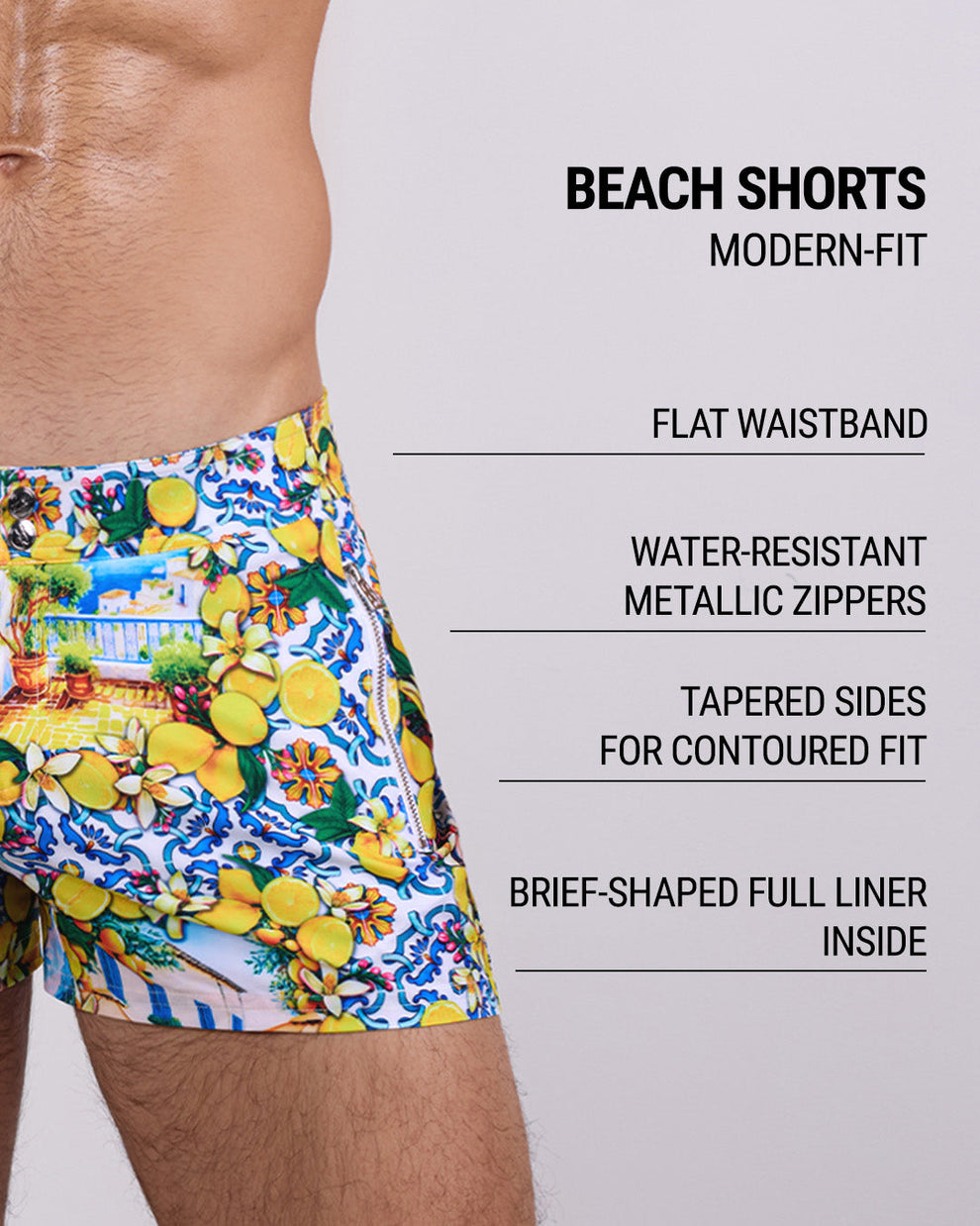 Detailed close-up of the CITRICS CHOICE beach shorts by DC2 Miami, highlighting key features: modern-fit design, flat waistband, water-resistant metallic zippers, tapered sides for a contoured fit, and a brief-shaped full liner inside for added support and comfort.