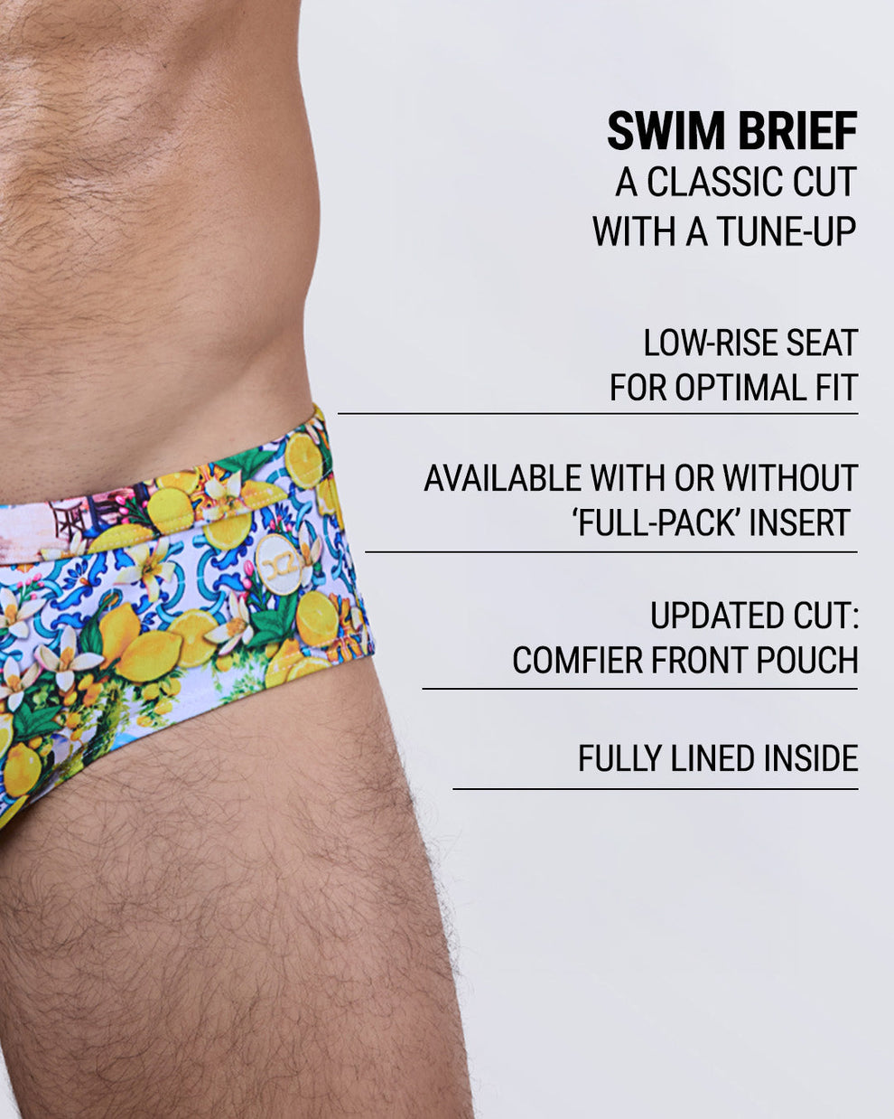 CITRICS CHOICE Swim Briefs – side view with graphic overlay showing low-rise seat, Full-Pack insert option, updated front pouch for enhanced comfort, and full interior lining for support.