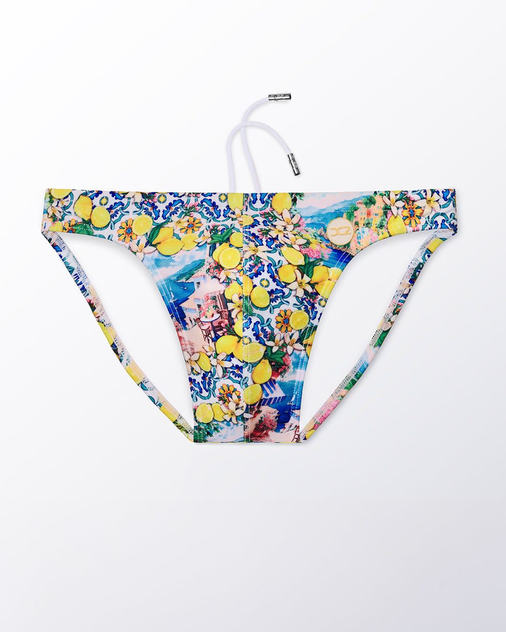 Ghost flat lay of the Citrics Choice Swim Mini Brief, highlighting the vibrant citrus pattern, contoured front, and minimal coverage fit.