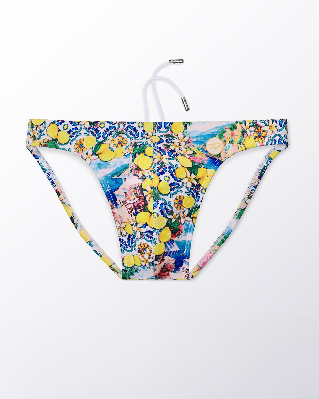 Ghost flat lay of the Citrics Choice Swim Mini Brief, highlighting the vibrant citrus pattern, contoured front, and minimal coverage fit.