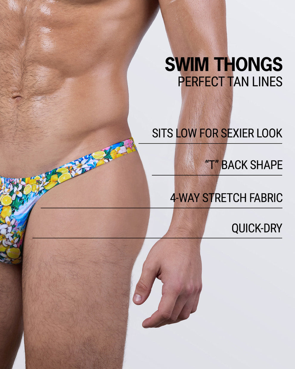 CITRICS CHOICE men’s thong swimsuit by DC2 BANG! Miami – low-rise front, T-back shape, quick-dry 4-way stretch fabric, and bright citrus floral print for ultimate summer vibes.