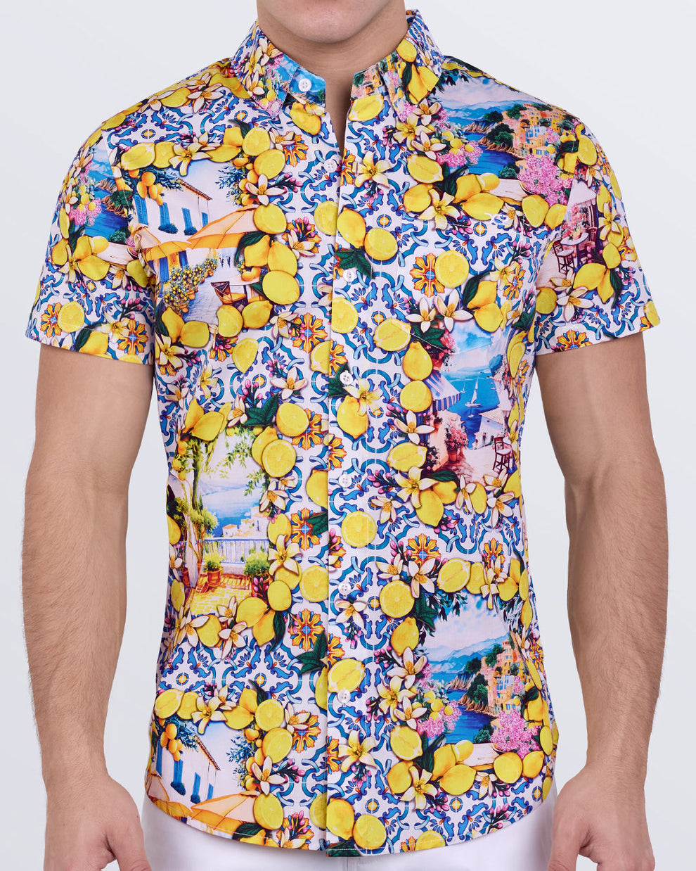 Citrics Choice short sleeve cotton shirt with Amalfi Coast-inspired lemon and floral print by DC2 Miami.