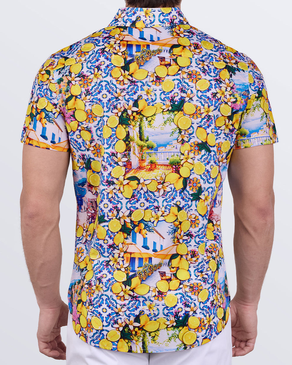 Back view of Citrics Choice shirt featuring scenic Amalfi imagery, lemons, and florals on cotton fabric.