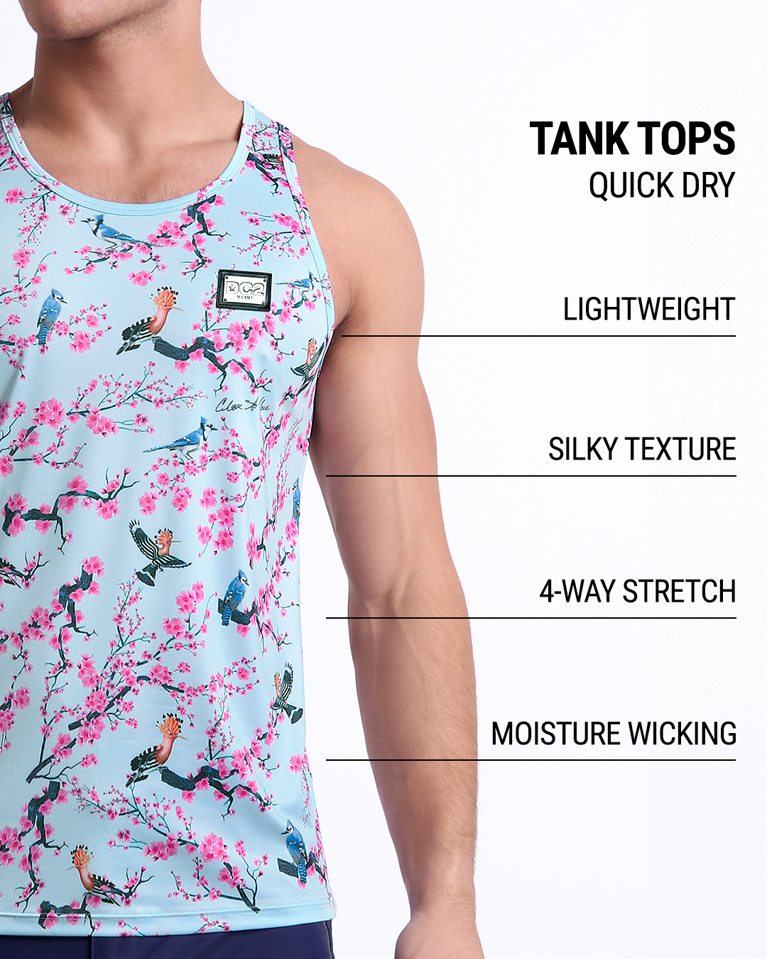 An infographic explaining the features of the lightweight, silky texture, 4-way stretch, and moisture-wicking material of the DC2 fitness tank top.