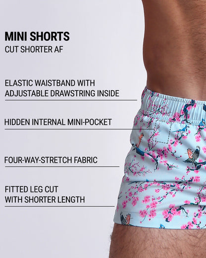 Infographic explaining the many features of the CLOSE TO YOU Mini Shorts. These MINI SHORTS have elastic waistband with adjustable drawstring inside, hidden internal mini-pocket, 4-way stretch fabric, and are quad friendly with shorter leg length.