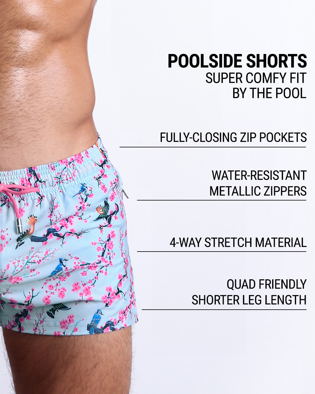 DC2's Poolside Shorts are designed to be incredibly comfortable while lounging by the pool. They come equipped with fully-closing zip pockets and water-resistant metal zippers. Additionally, their 4-way stretch material ensures a perfect fit, while their shorter leg length design makes them quad-friendly