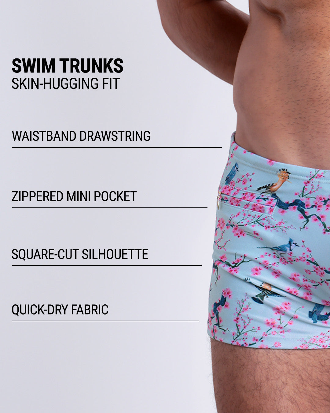 Infographic explaining the Swim Trunks swimming shorts by DC2. These Swim Trunks have a skin-hugging fit, have separate waistband construction, zippered mini pocket, square-cut form-fitting silhouette and quick-dry fabric.