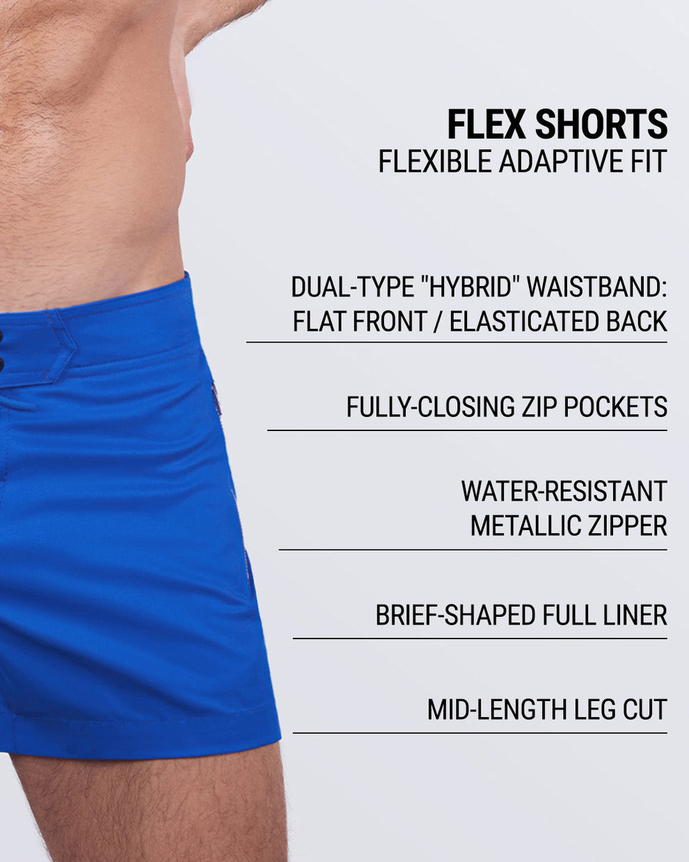 Close-up image highlighting key features: dual-type "hybrid" waistband (flat front with an elastic back), fully-closing zip pockets, water-resistant metallic zipper, brief-shaped full liner, and mid-length leg cut for adaptive flexibility.