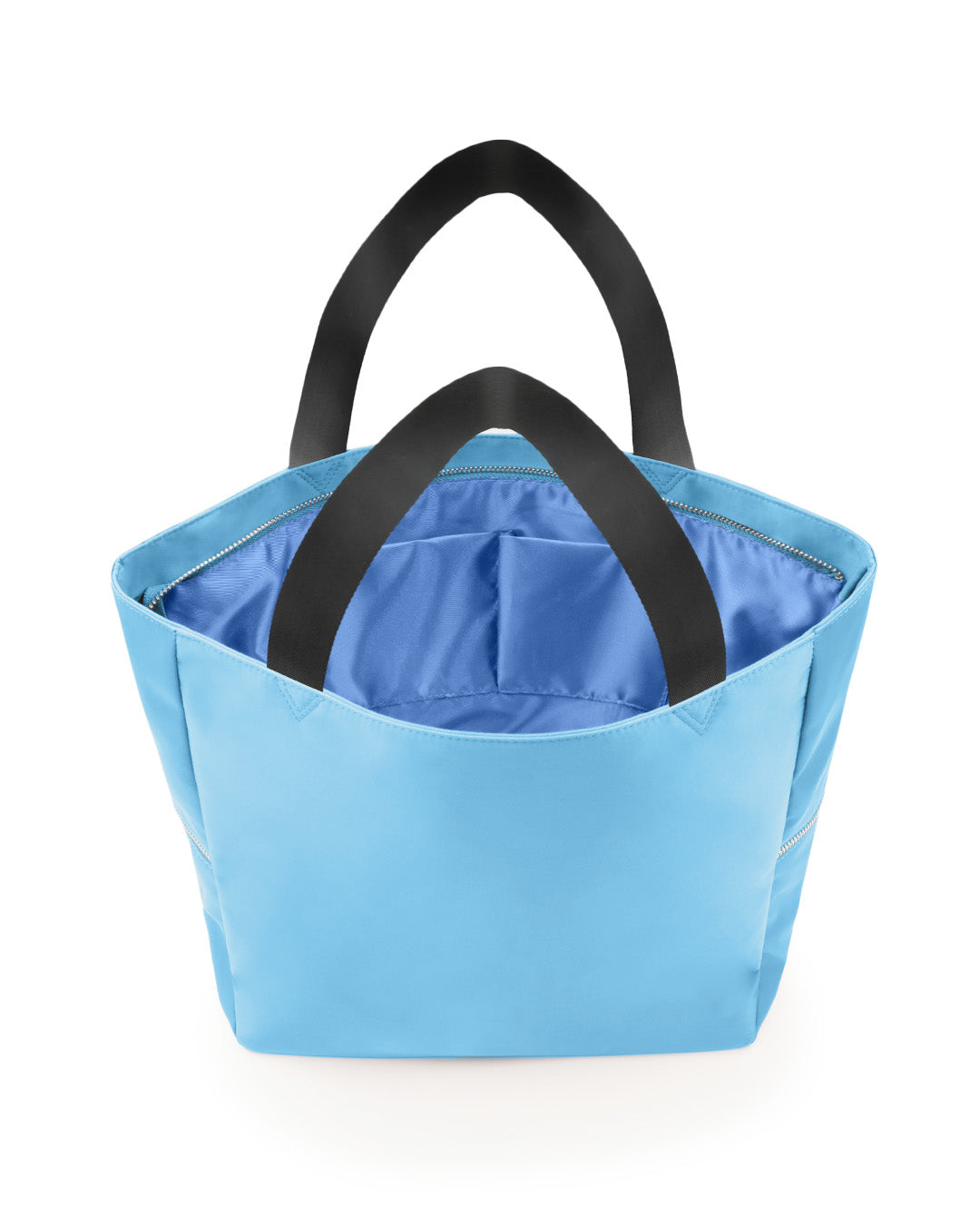 Back view of the COASTAL BLUE Poolside Tote Bag by DC2 Miami, highlighting the subtle solid blue color across the entire exterior. The bag features wide, sturdy black handles and a spacious interior, perfect for carrying essentials for beach trips or everyday use.