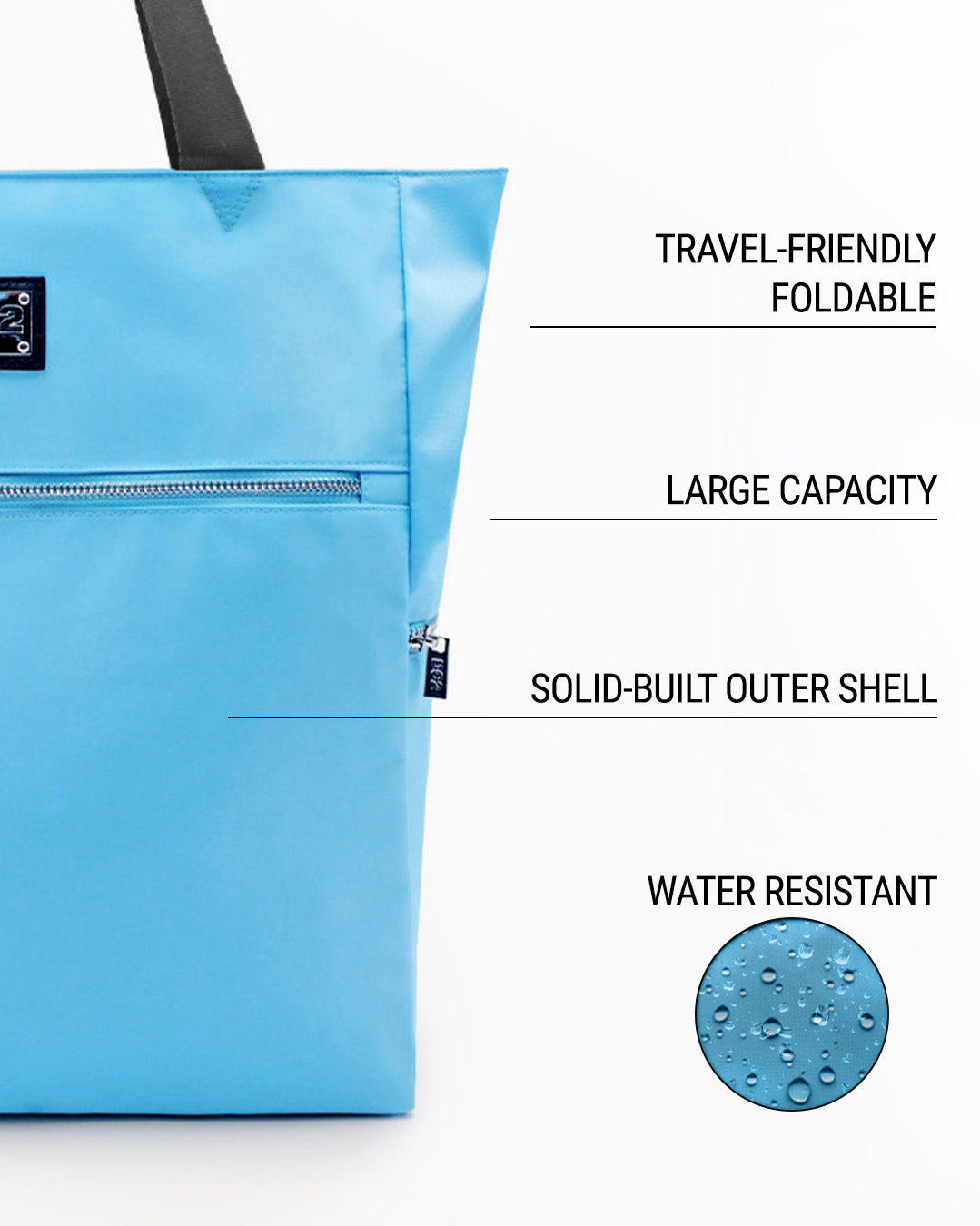 Infographic highlighting the key features of the COASTAL BLUE Poolside Tote Bag by DC2 Miami. The image showcases the bag's solid light sky blue color and points out its travel-friendly foldable nature, large capacity, solid-built outer shell, and water-resistant material. A close-up of water droplets on the fabric illustrates the water resistance of the bag.