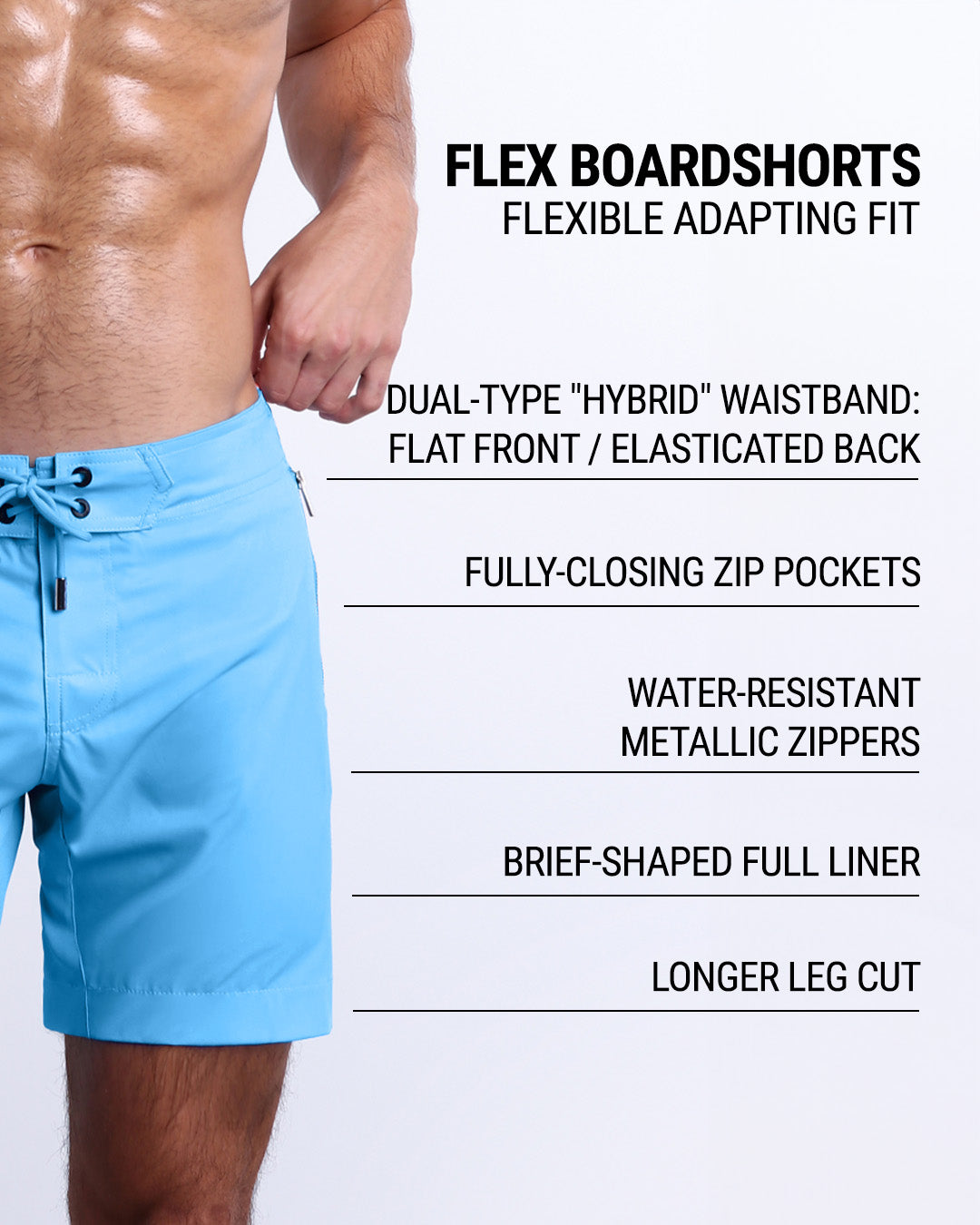 DC2’s Flex Boardshorts are designed to be incredibly flexible, adapting to fit. They come equipped with fully closing zip pockets and water-resistant metal zippers. Additionally, they have a dual-type “hybrid” waistband (flat front/elasticated back), brief-shaped full liner, and longer leg cut.